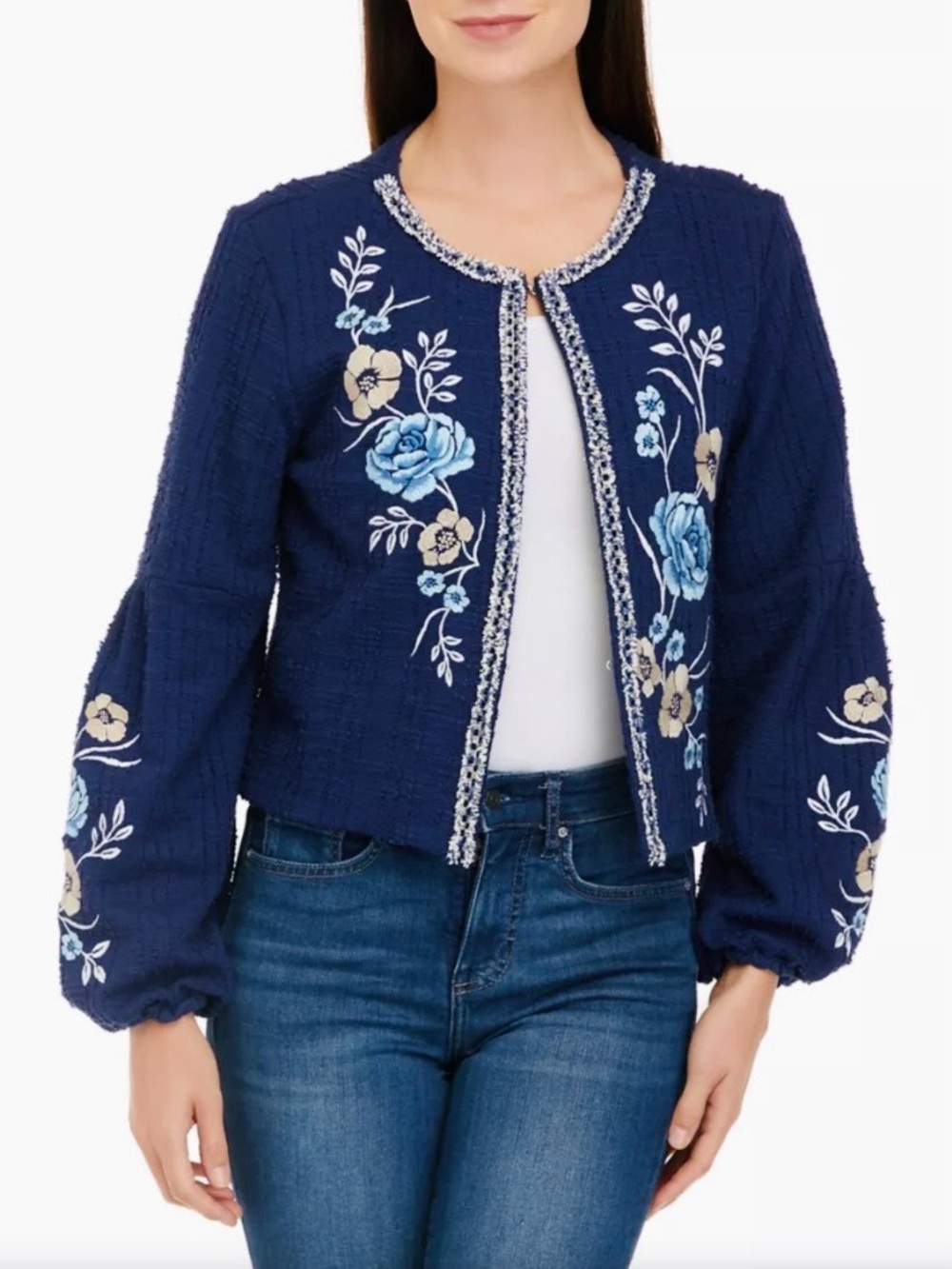 Cupio Navy Blue Boho Floral Embroidered Puff Sleeve Crop Jacket-L